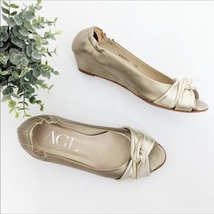 AGL Gold Metallic Peep-Toe Bow Demi-Wedge Flats